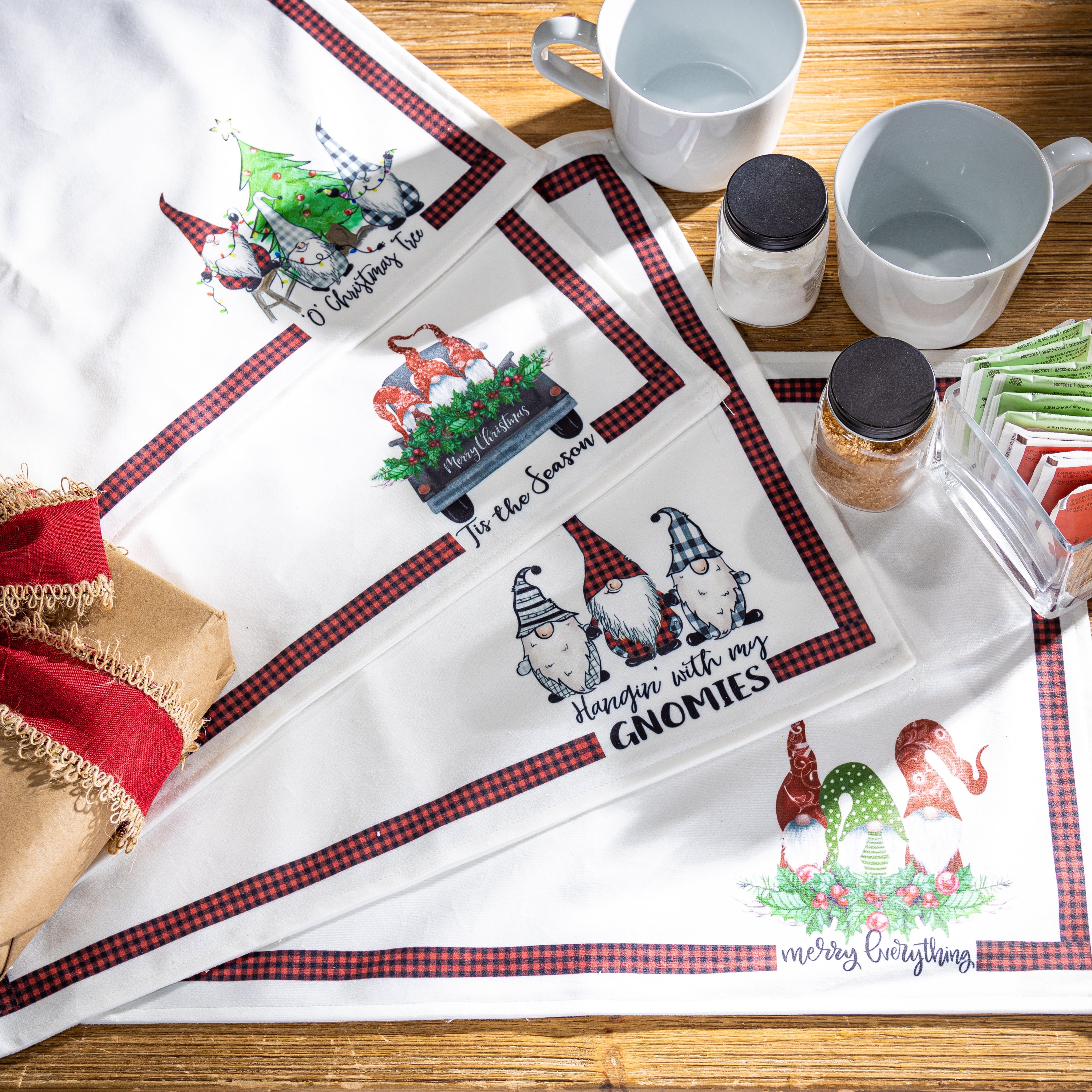 Set of 4 White and Red Christmas Holiday Gnome Decor Placemats